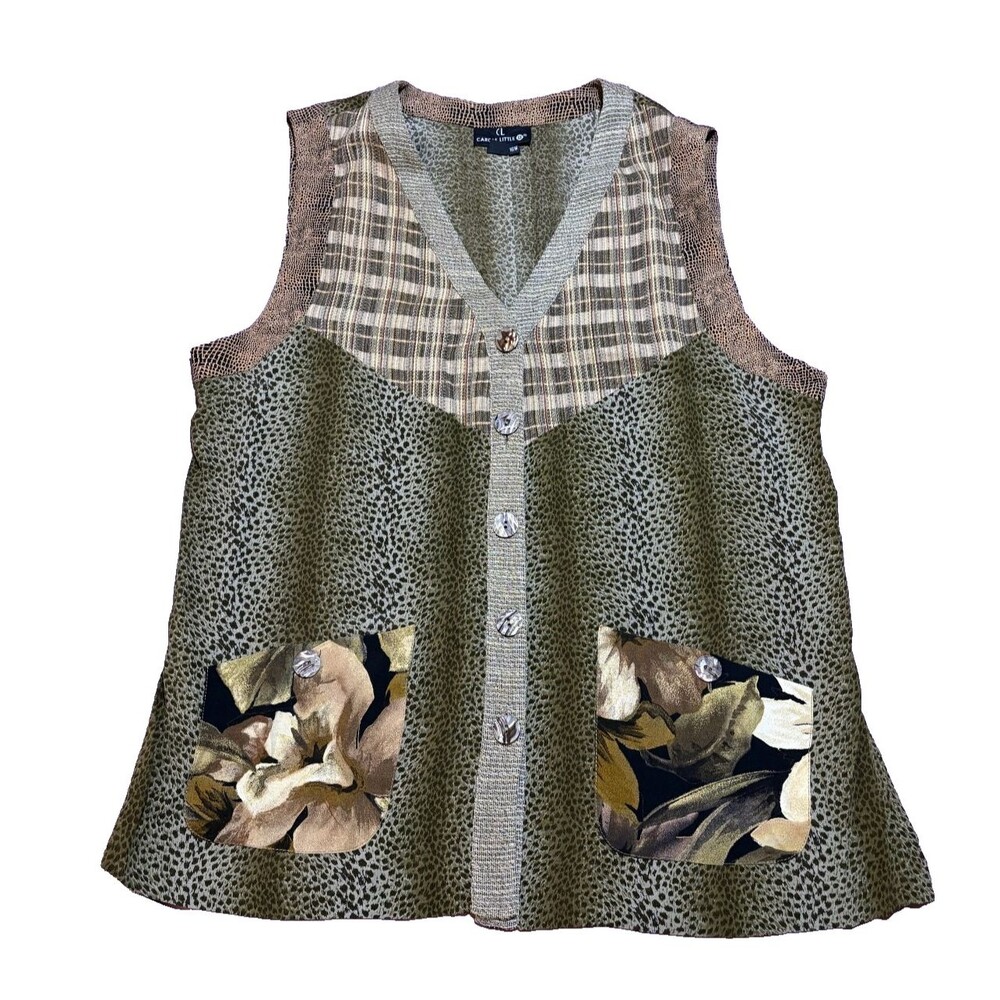 Vtg Carole Little Women's Brown Green Multipatterned Vest V Neck Pockets Sz 16 W